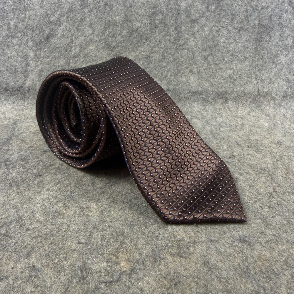 Mogless Mens Geometric Diamond Pattern Handmade Bronze Brown Navy Silk Necktie